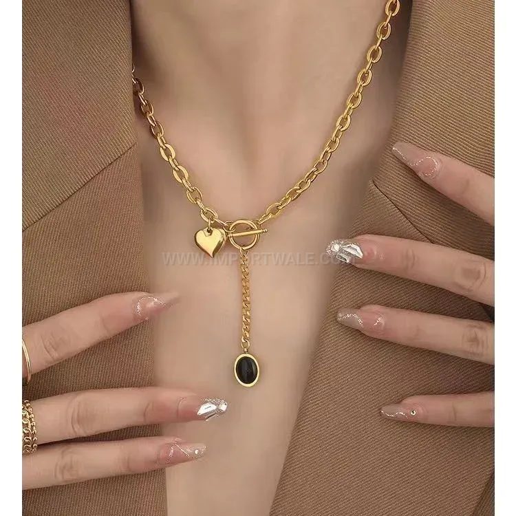 Crystal Heart Pendant Tassel Choker Necklace with OT Clasp