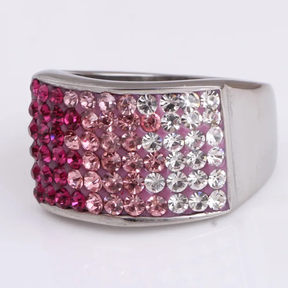 Stainless Steel Pink Crystal Inlaid Band Ring