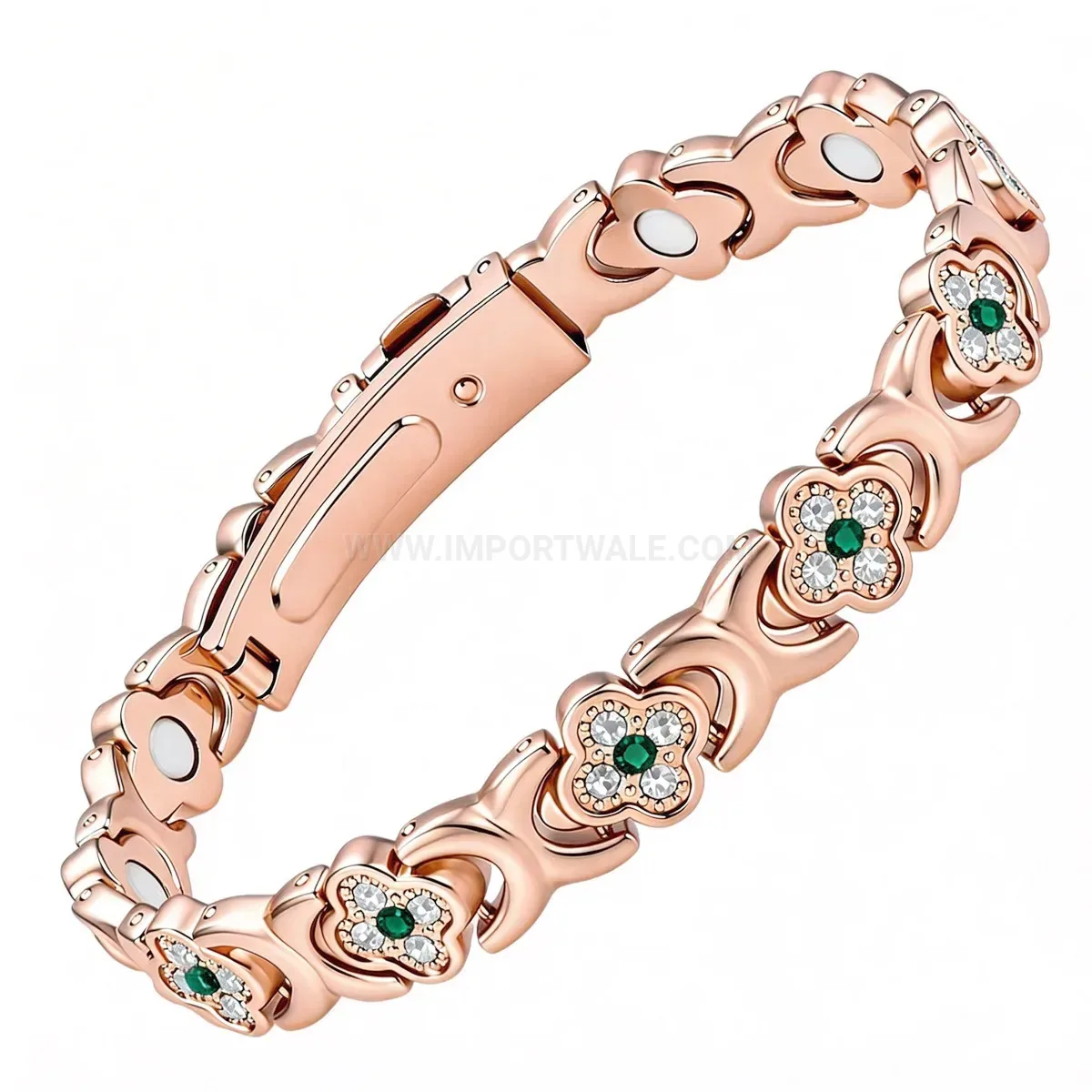 Classic Rose Gold Red Copper Four-Leaf Clover Rhinestone Magnetic Bracelet