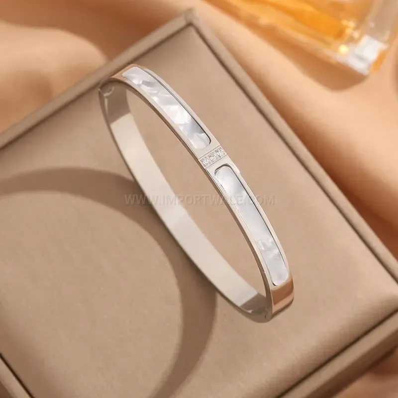 White Mother-of-Pearl Three-Stone Titanium Steel Bangle