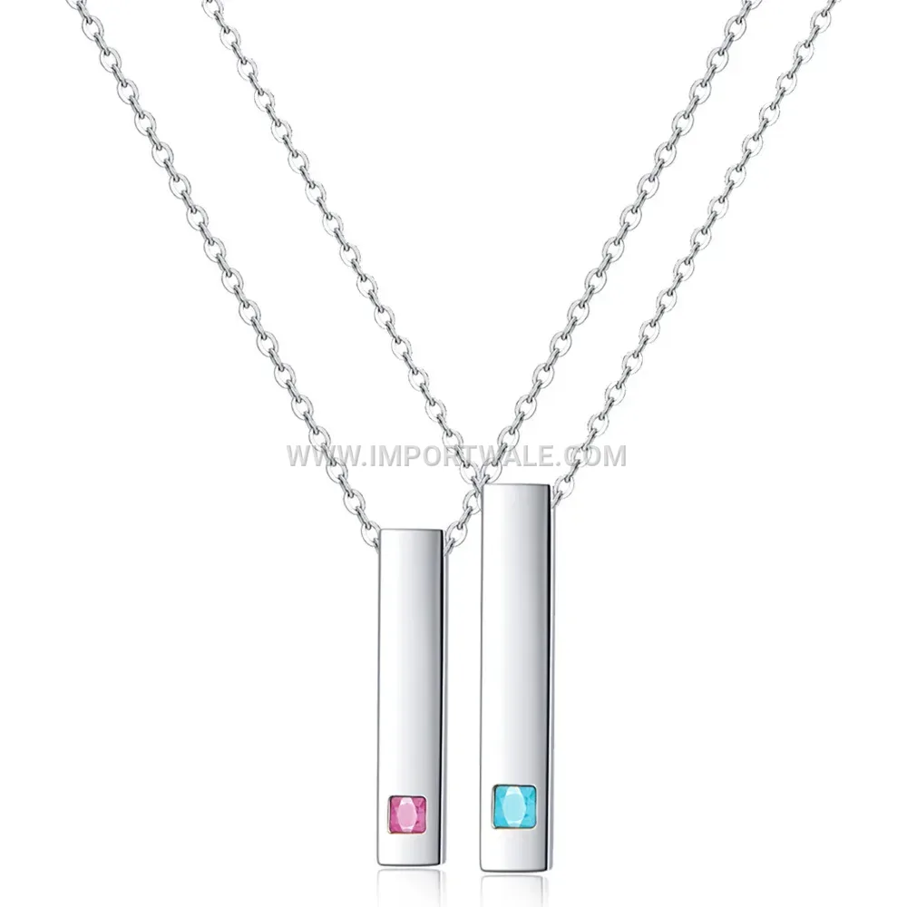 Asymmetric Rhinestone Bar Stainless Steel Couple Pendant Necklace