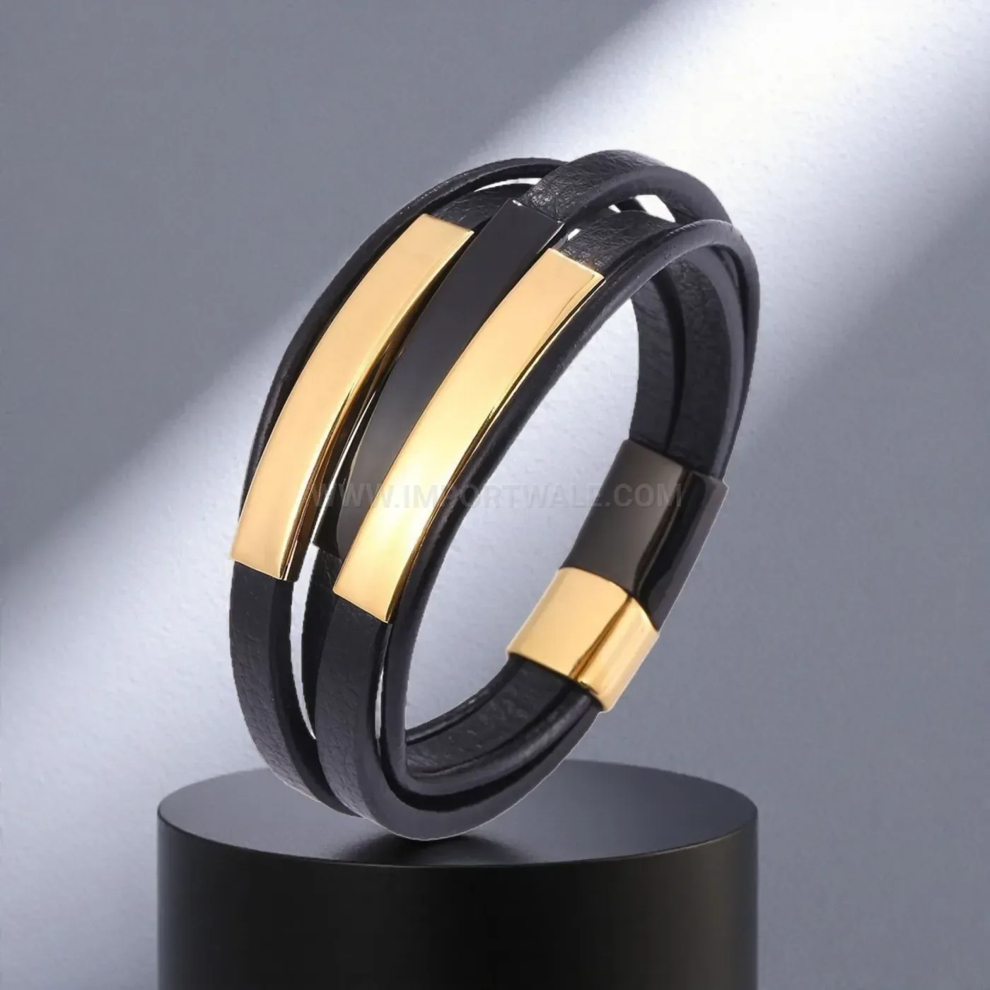 Multi-Layer Black Leather Bracelet with Polished Stainless Steel Clasp
