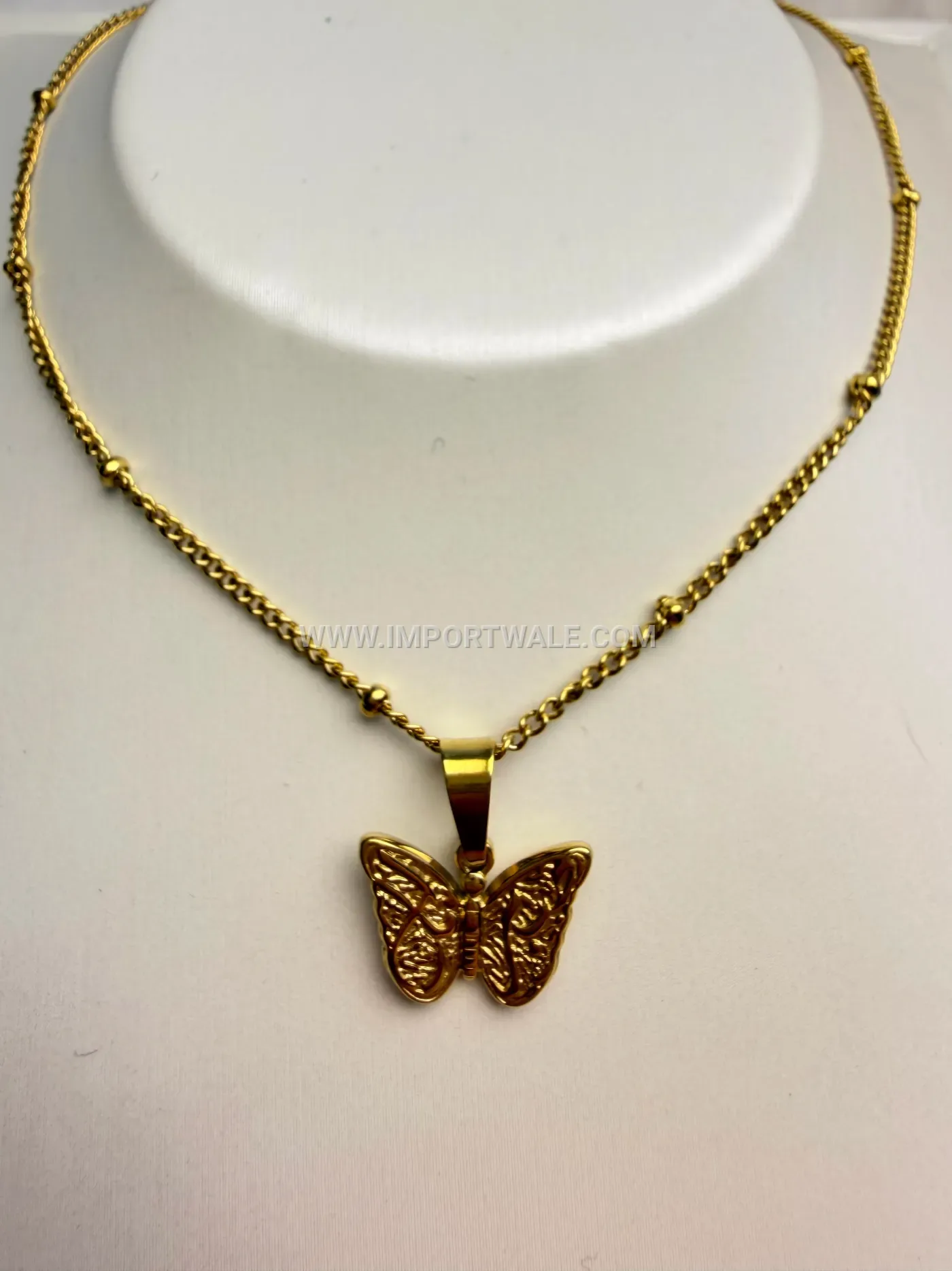 Gold Plated Stainless Steel Vintage Calligraphy Butterfly Pendant Necklace