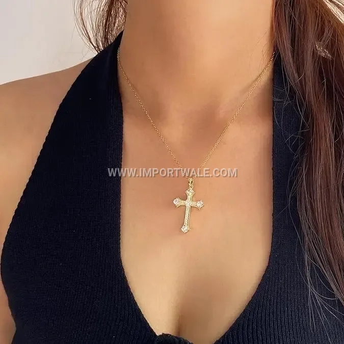 Zircon Studded Stainless Steel Cross Pendant Link Chain Necklace