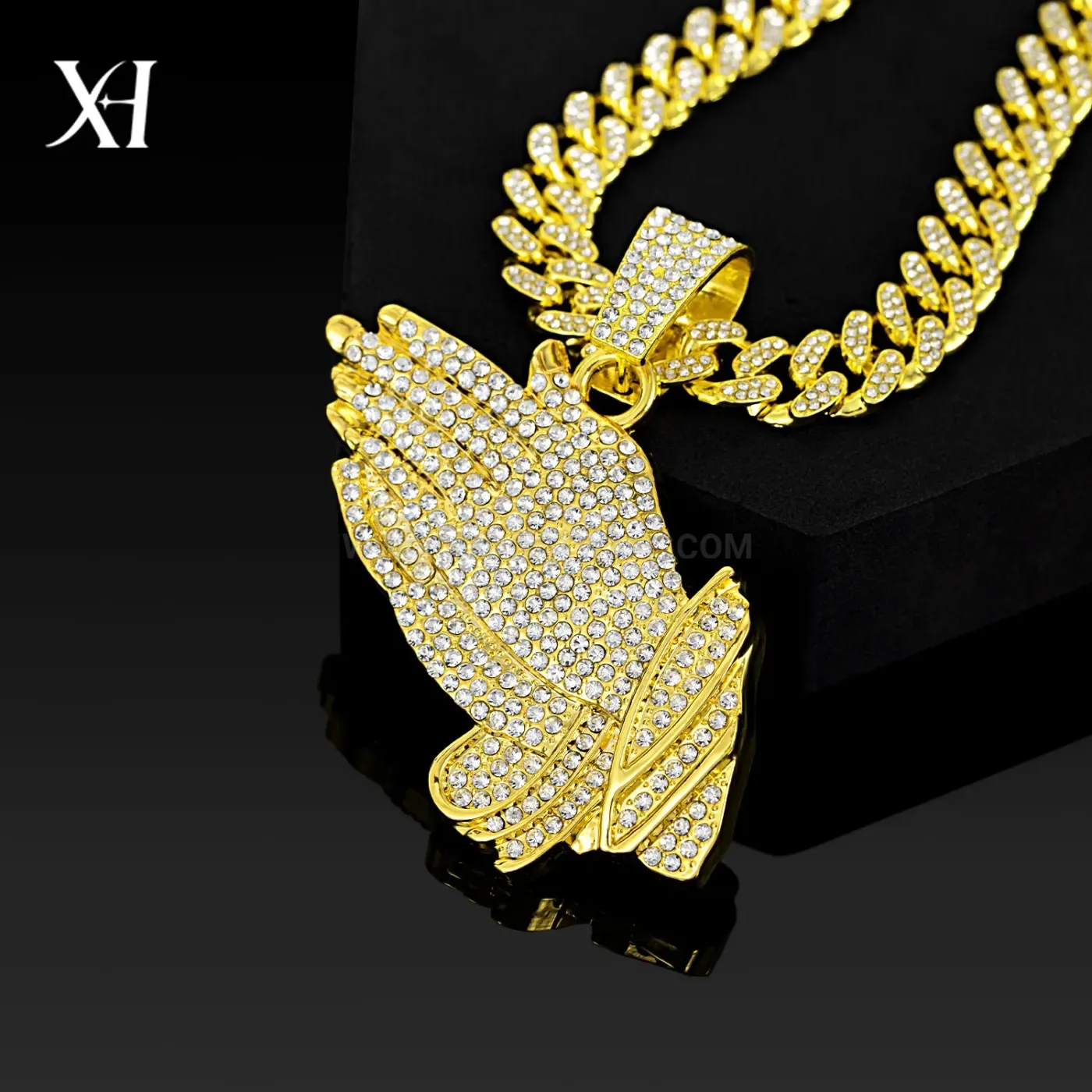 Classic Iced Out Praying Hands Pendant Cuban Chain Necklace