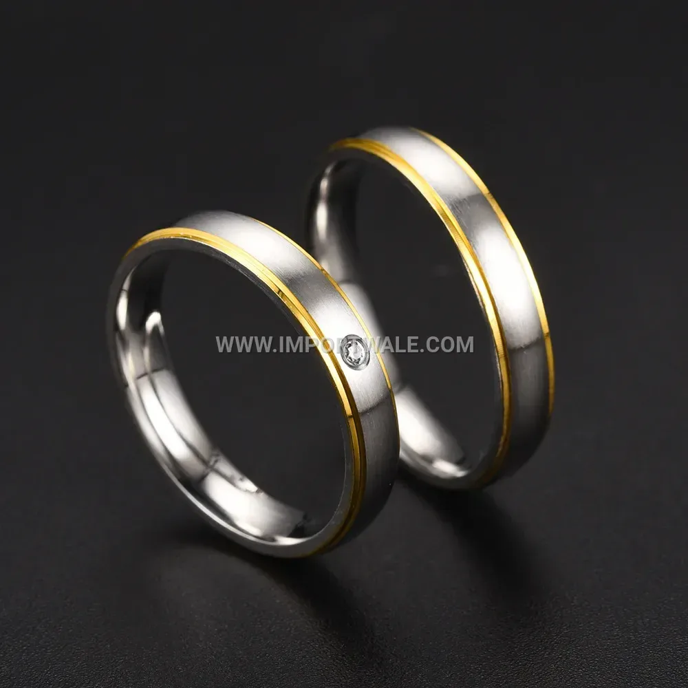Two-Tone Zircon Stainless Steel Beveled Band Ring