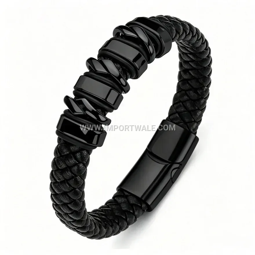 Woven Leather Wrap Bracelet For Men With Alloy Magnetic Clasp