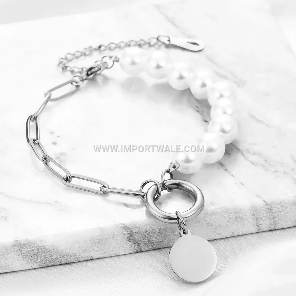 Paperclip Chain Faux Pearl Stainless Steel Initial Bracelet