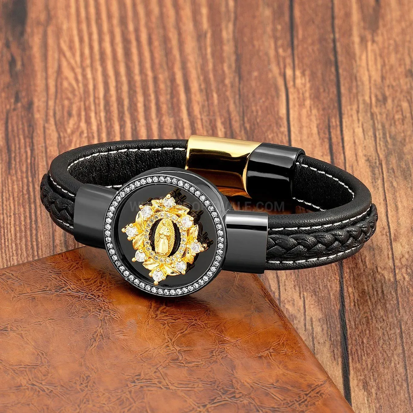 Vintage Religious Metallic Round Stone Braided Leather Clasp Bracelet