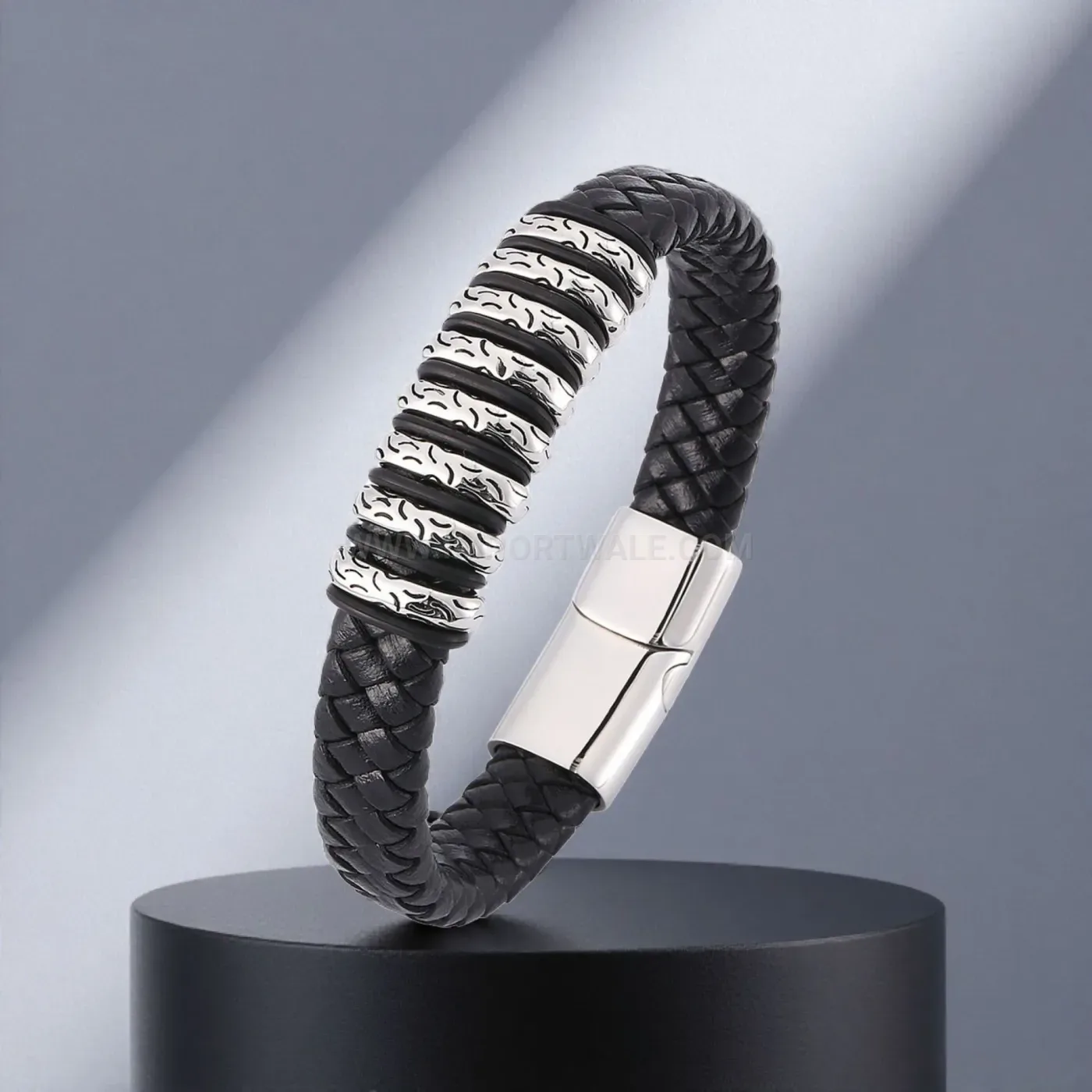Adjustable Braided Leather Wristband with Stainless Steel Magnetic Clasp