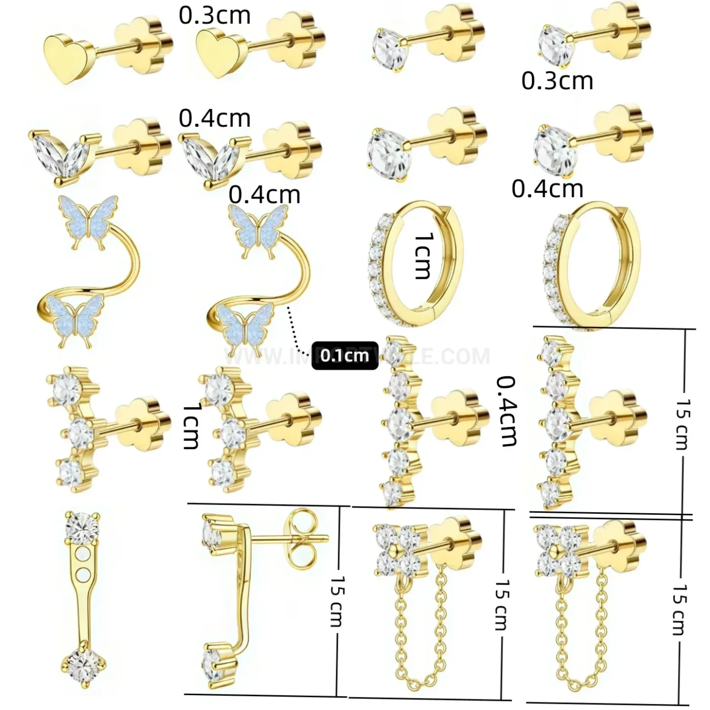 Designer Stainless Steel Zircon Chain Earring and Cartilage Piercing Set
