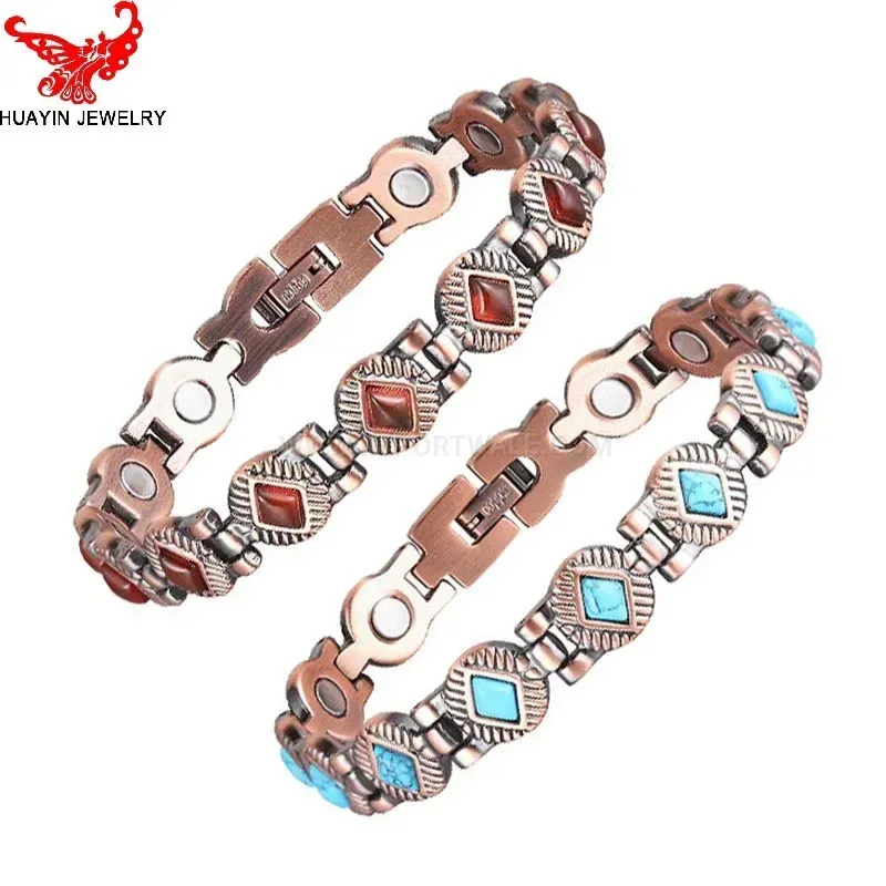 Stylish Vintage Red Copper Bio Magnetic Bracelet with Stone Accents