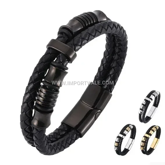 Dual-Layer Braided Leather Bracelet with Stainless Steel Elements
