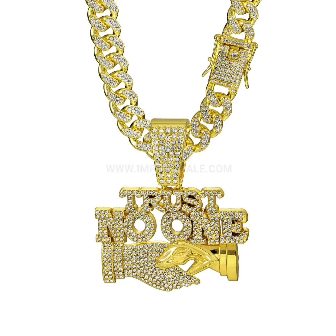Rhinestone Trust No One Letter Pendant Cuban Chain Necklace