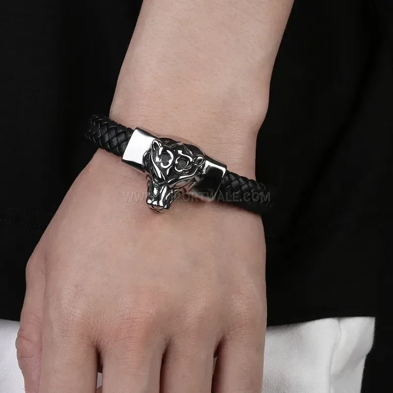 Elegant Fierce Wolf Motif Leather Stainless Steel Men Bracelet