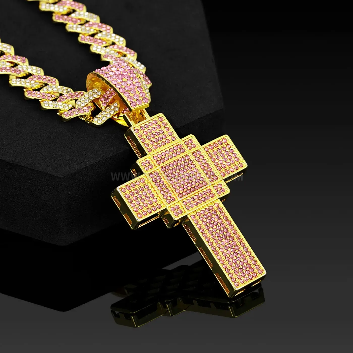 Pink Rhinestone Double Layer Cross Pendant Zinc Alloy Necklace
