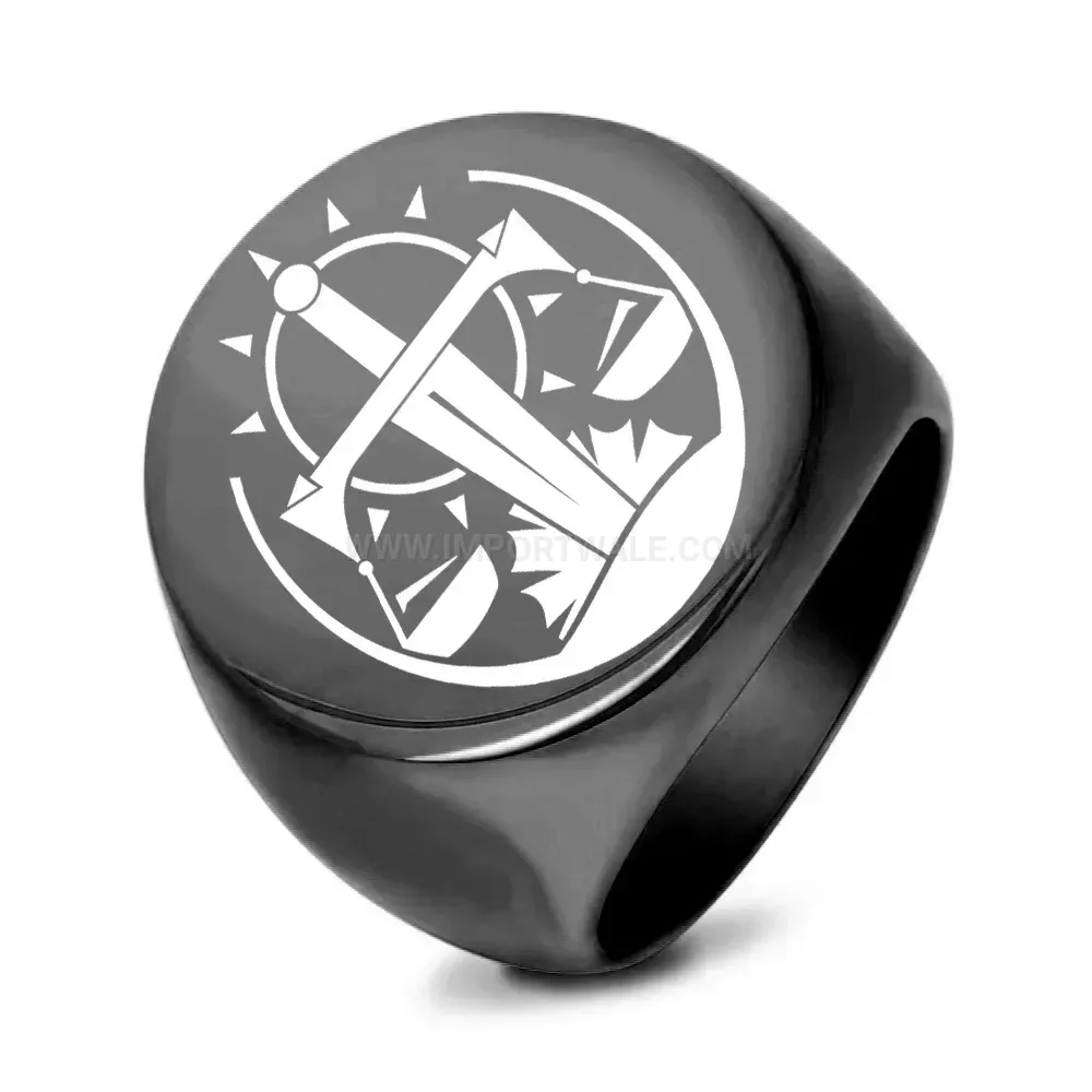Bold Engraved Stainless Steel Sun and Scales Signet Ring