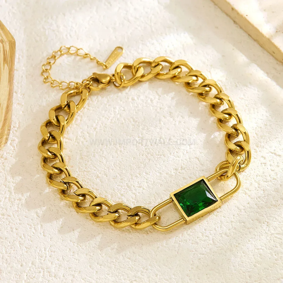 Stainless Steel Square Lock Bracelet with Green Zircon