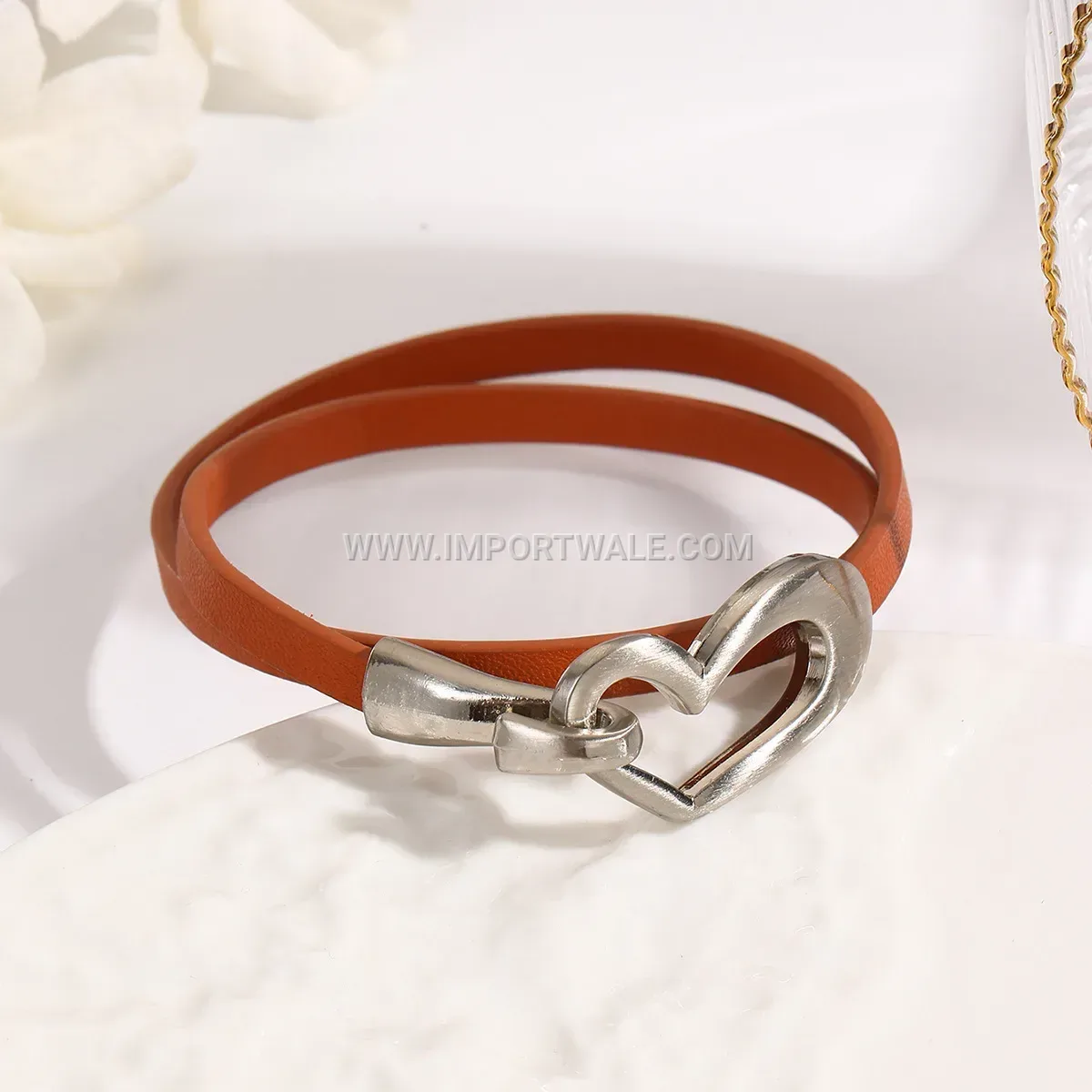 Multi-Layer Faux Leather Heart Charm Bracelet with Brushed Clasp