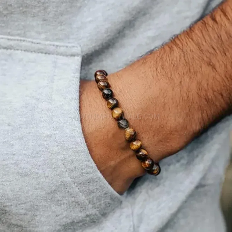 Handcrafted Natural Flame Stone Beaded Bracelet for Men