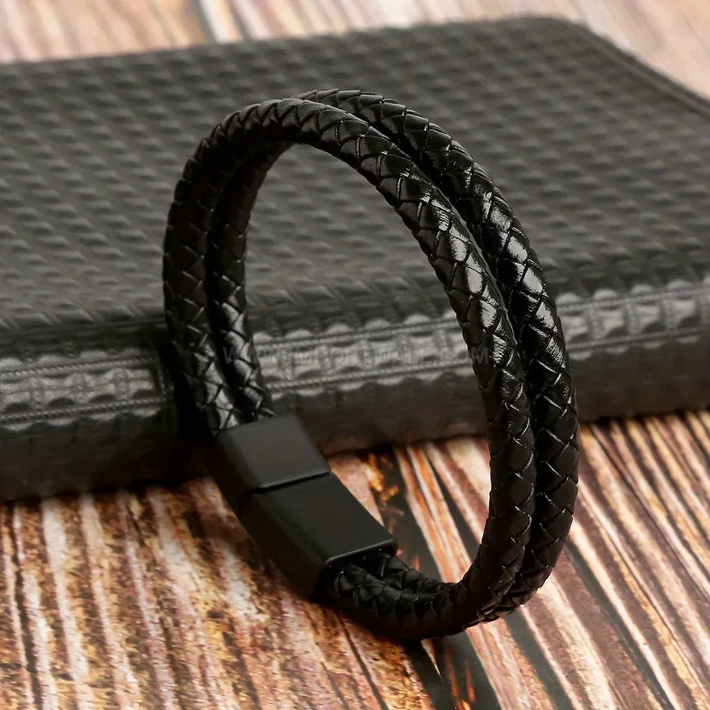 Trendy Double-Layer Braided Leather Wristband with Matte Hardware