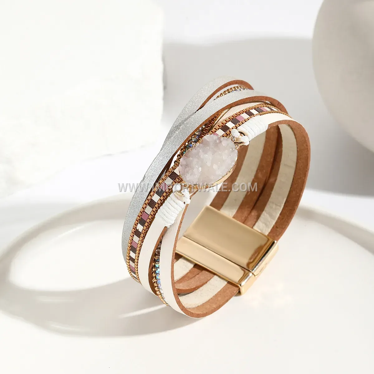 Rhinestone Embellished Crossover PU Leather Wrap Bracelet