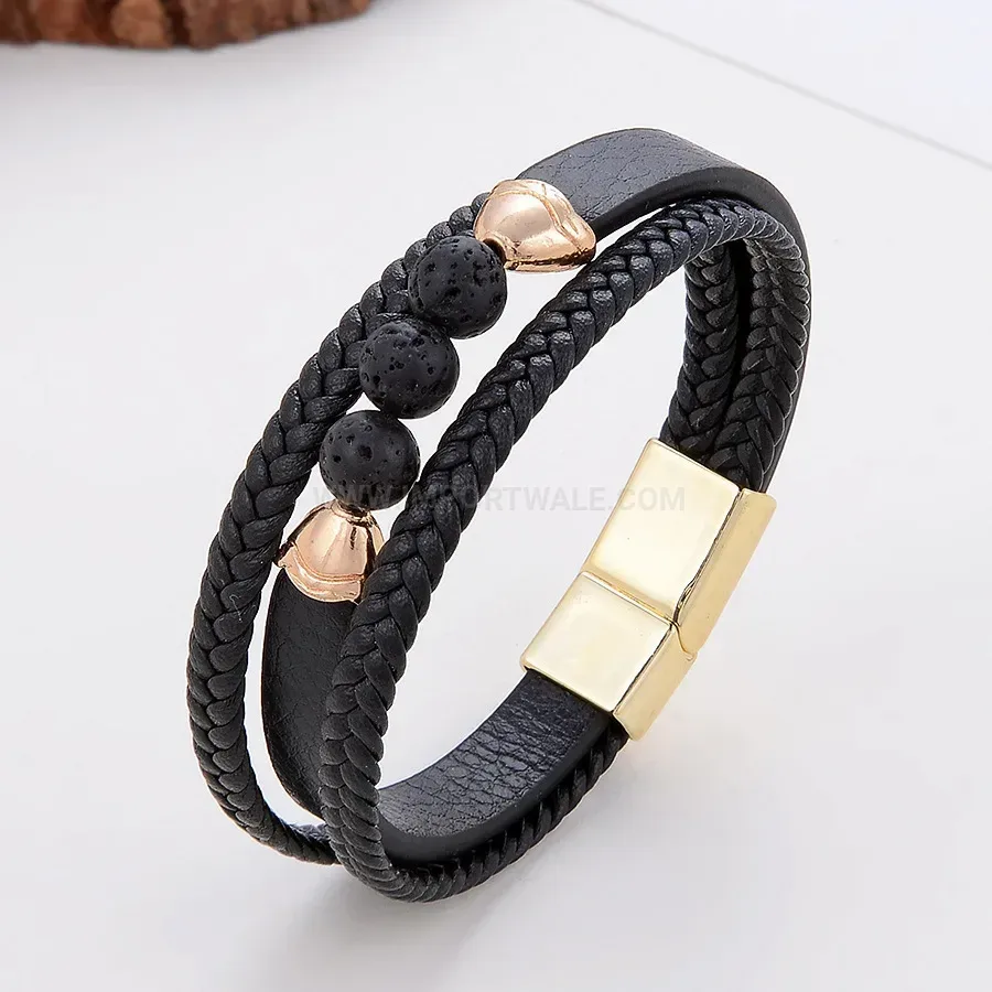 Layered Braided Leather Bracelet with Natural Stone Beads and Alloy Clasp