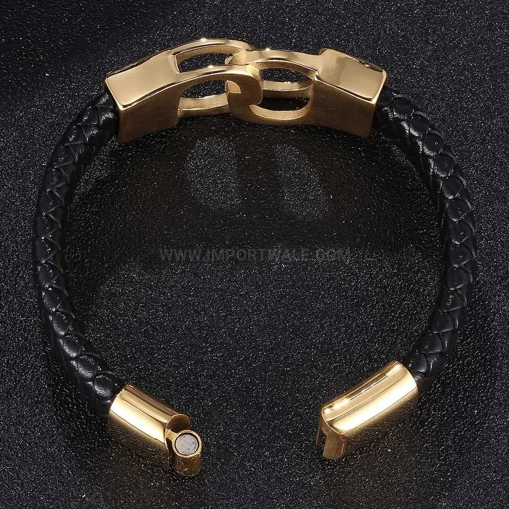 Gold Plated Stainless Steel Cuff Accent Braided Leather Men Bracelet