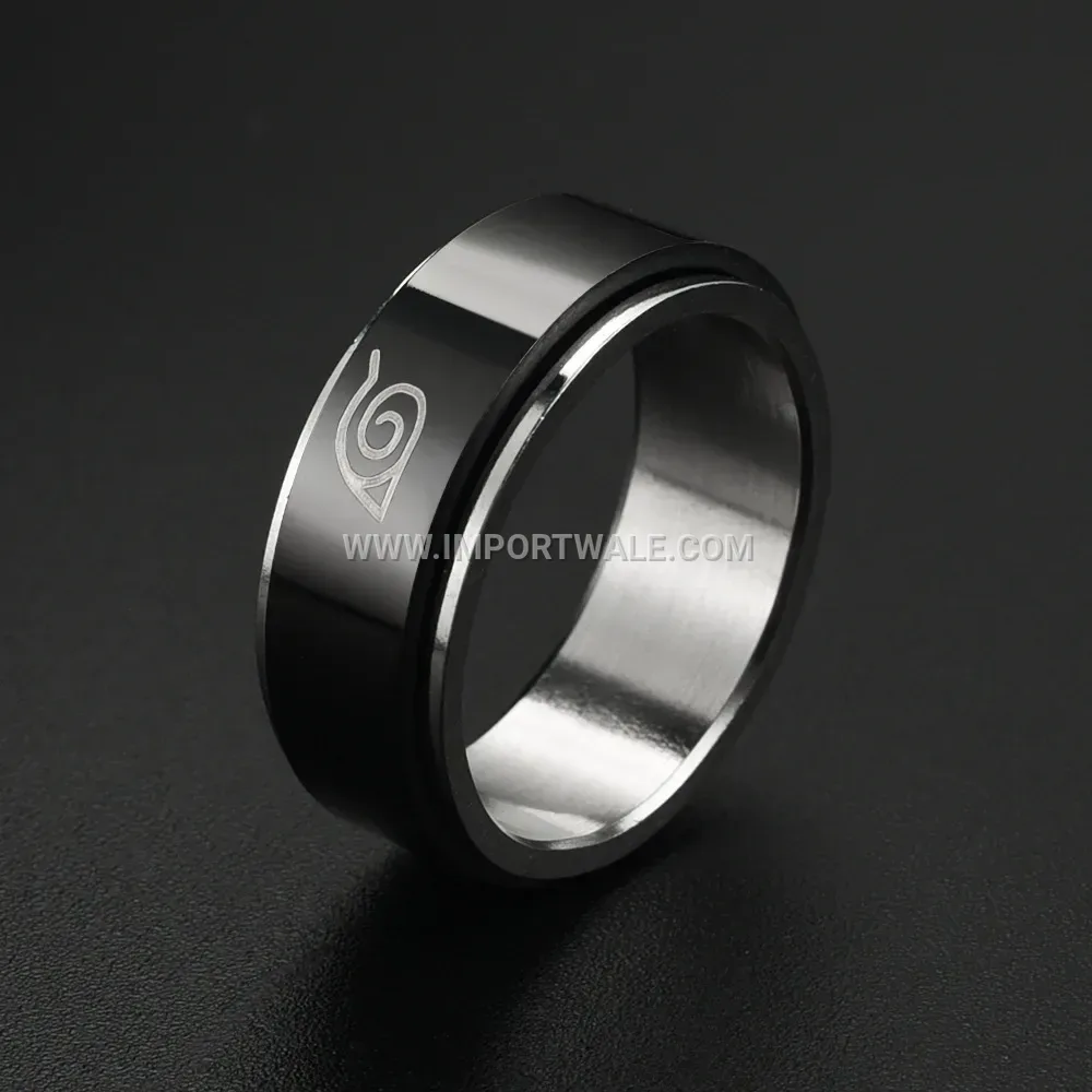 Spinning Black Stainless Steel Anime Patterned Band Ring