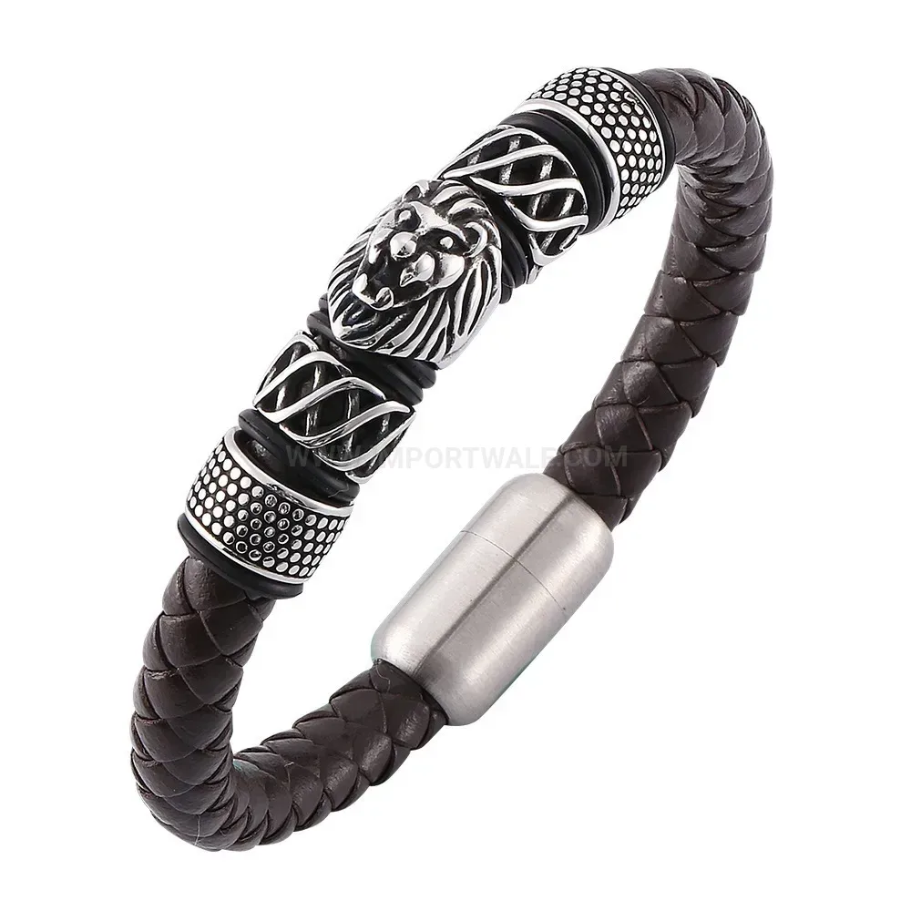 Classic Braided Brown Leather Bracelet with Stainless Steel Lion Accent