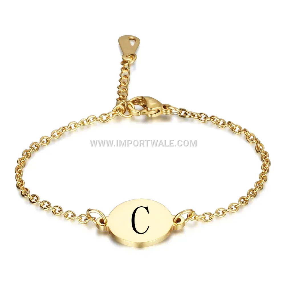 Stainless Steel Oval Engraved Initial Charm Bracelet