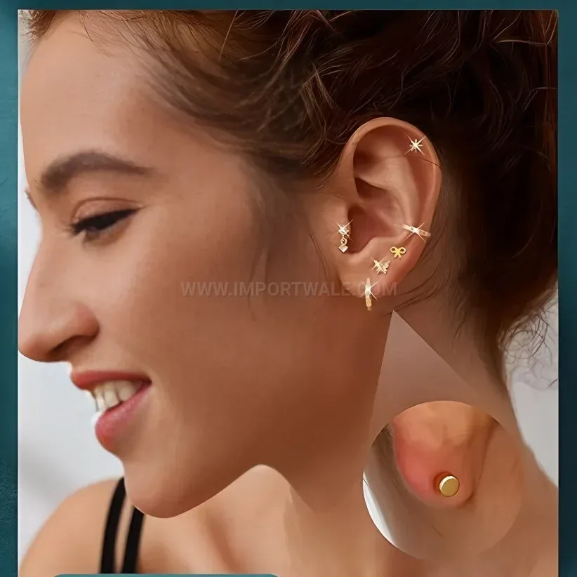Classic Stainless Steel Zircon Butterfly and Moon Piercing Earring Set