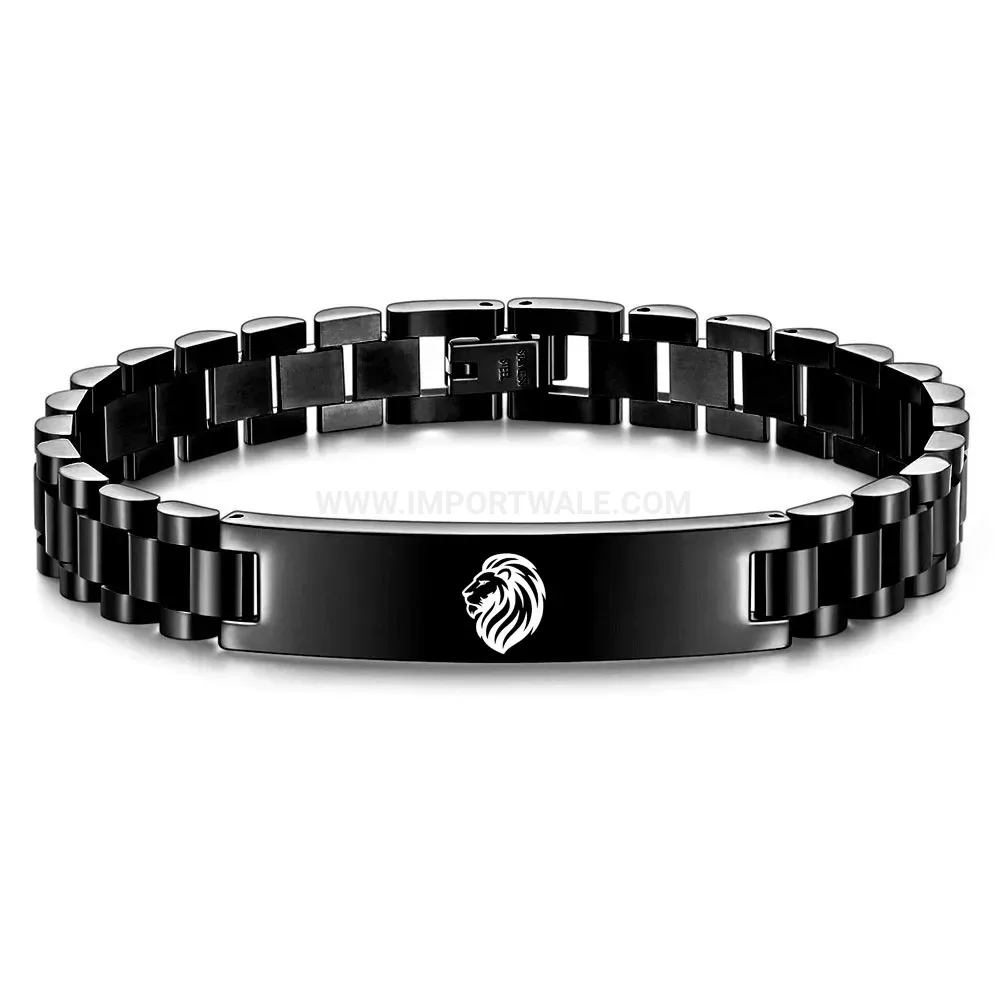 Men's Stainless Steel Lion Head Engraved Watch Link Bracelet