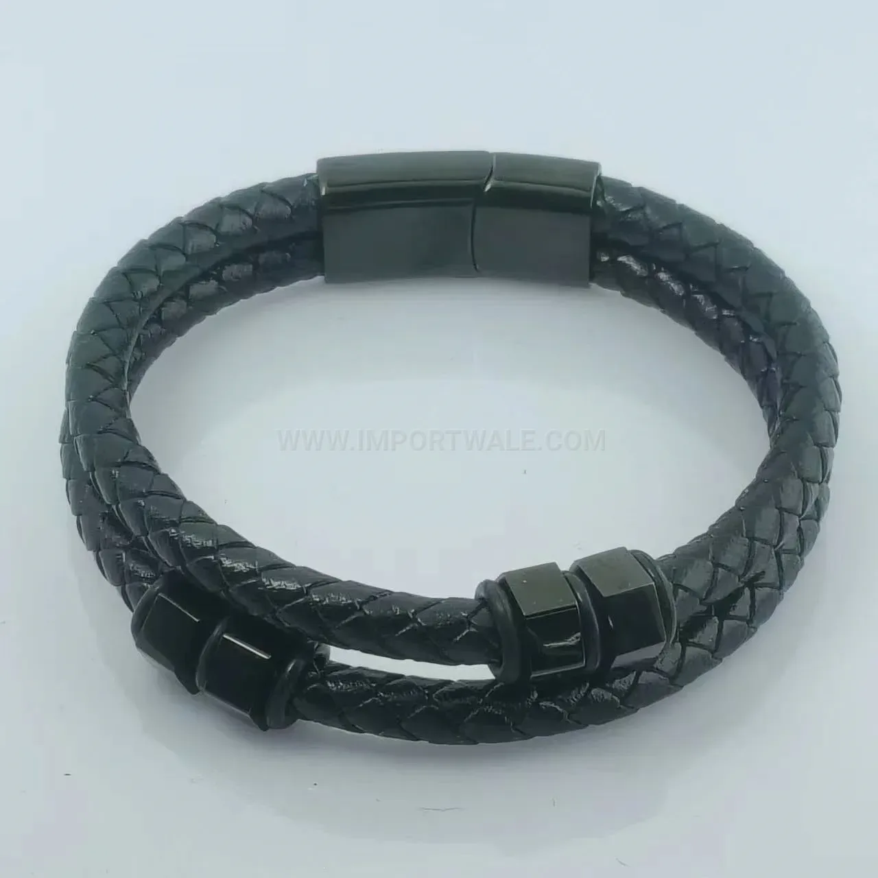Double-Layer Braided Leather Bracelet with Magnetic Stainless Steel Clasp