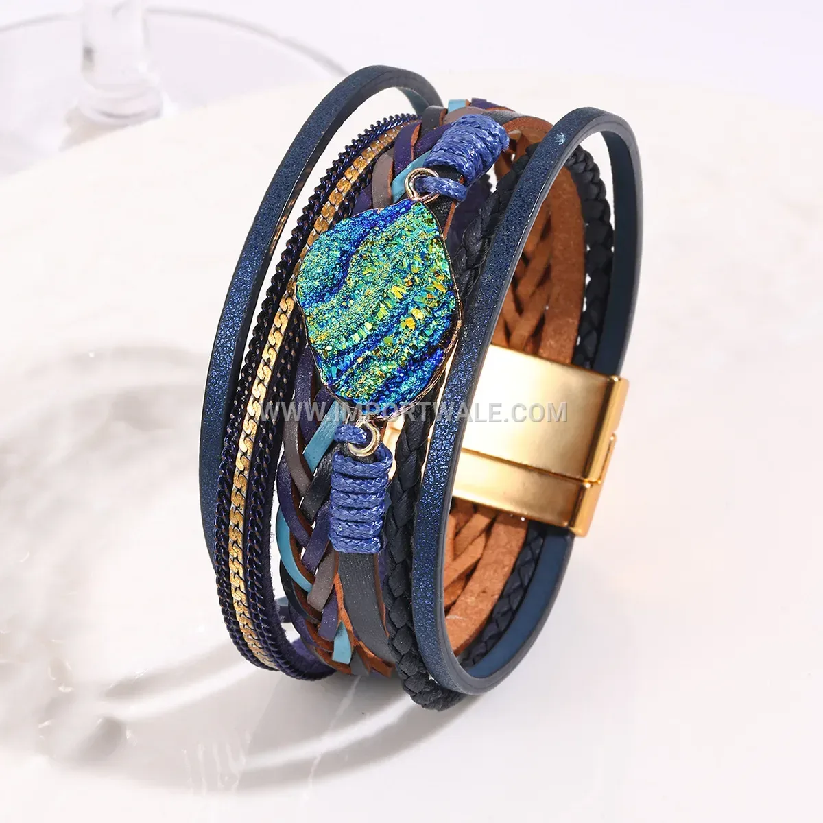 Bohemian Multi-Layer Faux Leather Rhinestone Bracelet with Magnetic Clasp