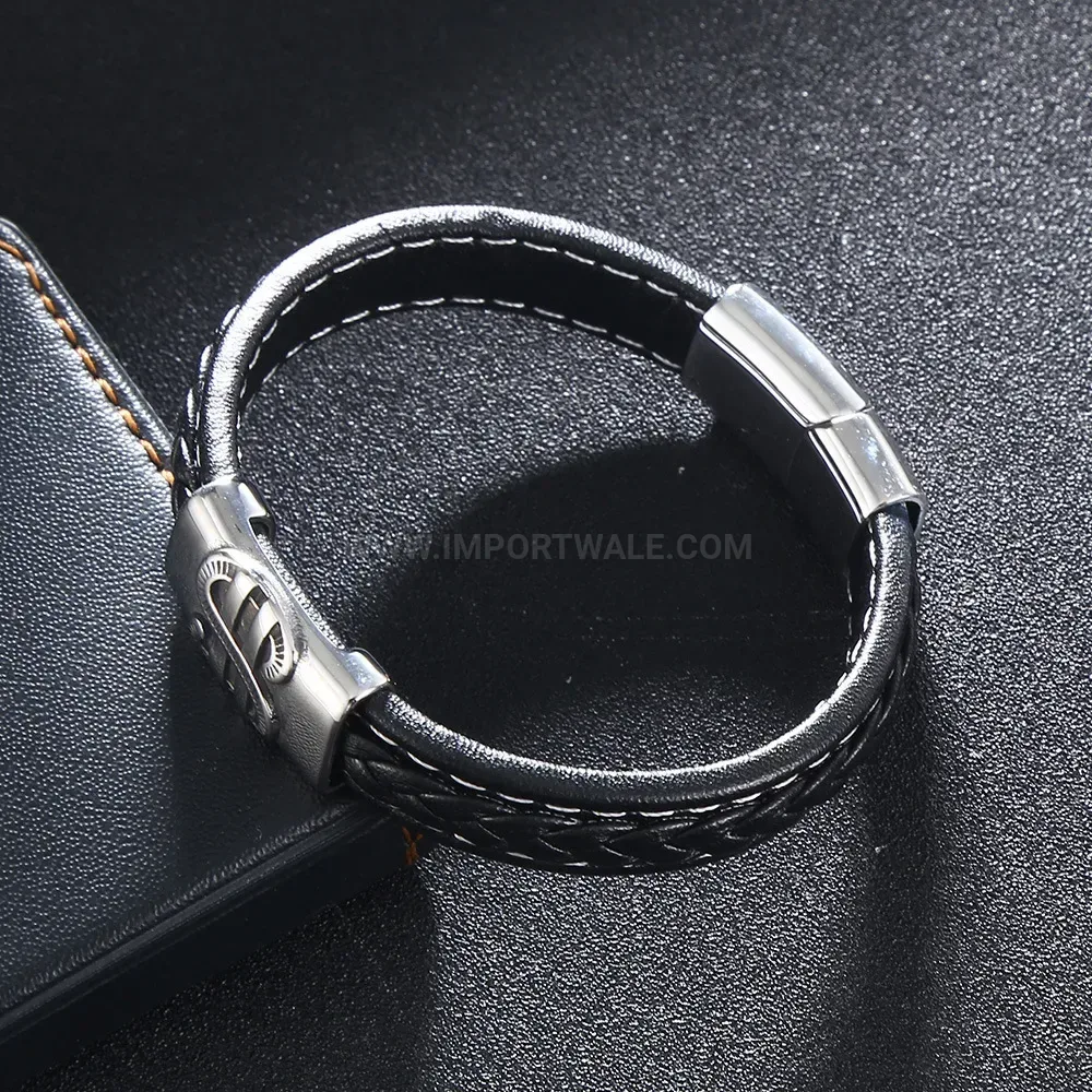 Braided Genuine Leather Wristband with Stainless Steel Clasp