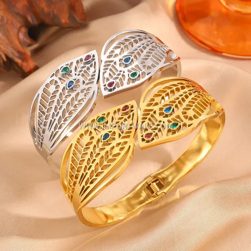 Hollow Leaf Rhinestone Stainless Steel Open Elastic Bangle
