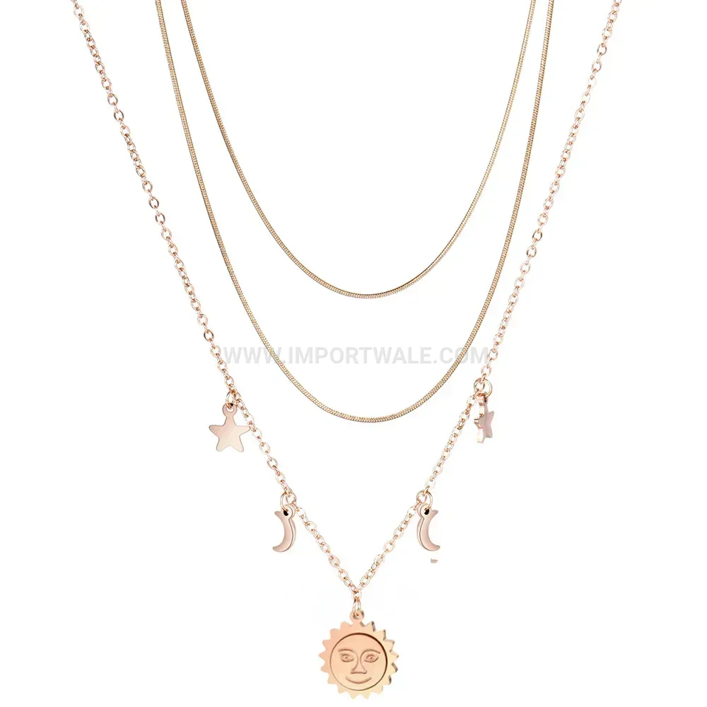 Layered Stainless Steel Celestial Sun Moon Star Pendant Necklace