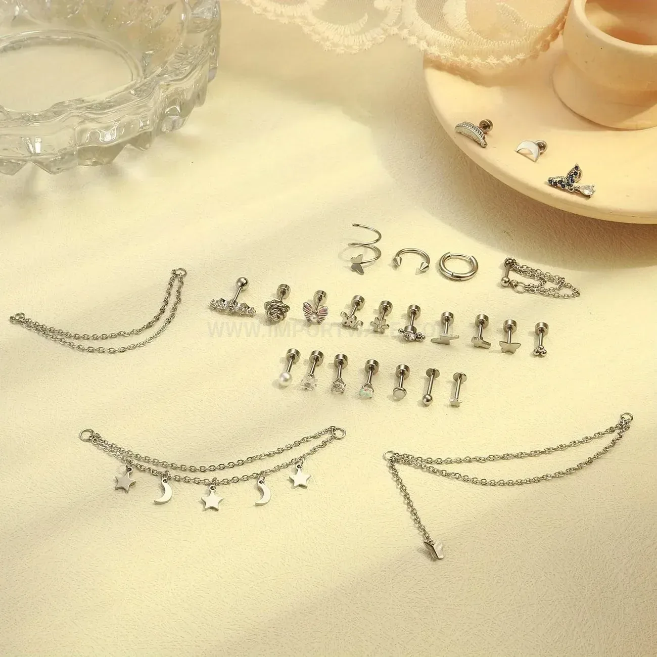 Classic Stainless Steel Rhinestone Multi-Piercing Cartilage Stud Set