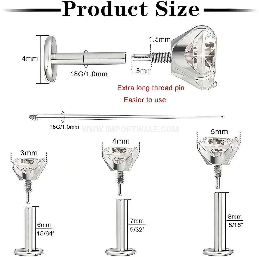 Elegant Internal Thread Cubic Zirconia Flat Back Stainless Steel Stud Set
