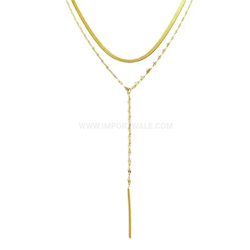 Elegant Double Layered Tassel Lip Pin Gold Titanium Steel Necklace