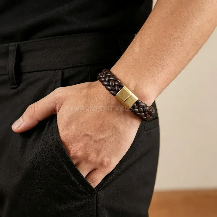 Bold Braided Brown Leather Wristband with Secure Magnetic Clasp