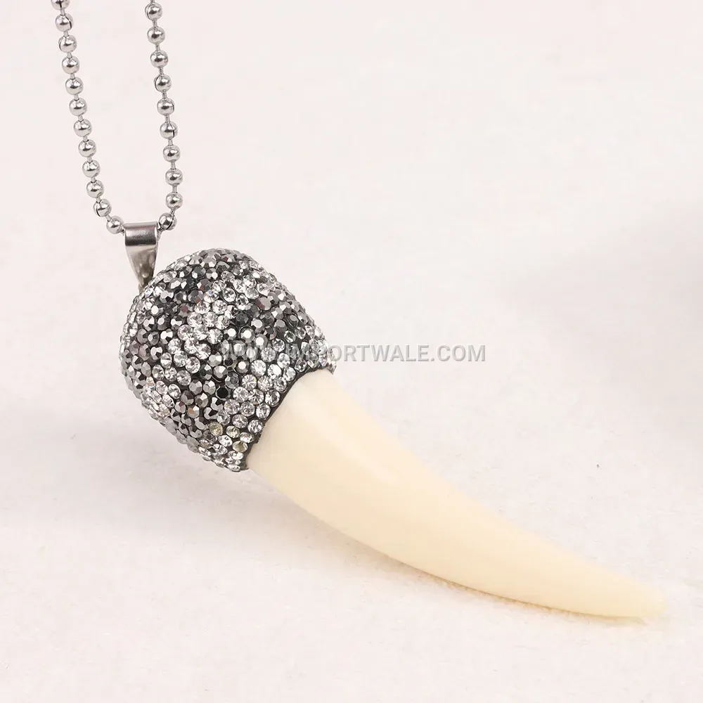 Vintage Faux Ivory Fang Pendant Resin Sweater Chain Necklace