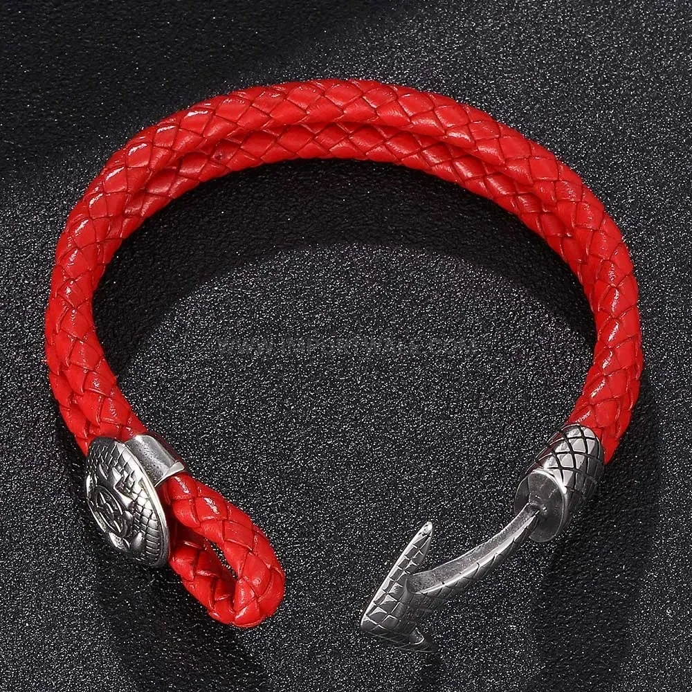 Red Vintage Leather Anchor Clasp Stainless Steel Wristband
