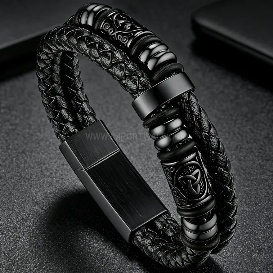 Classic Men Stainless Steel Magnetic Clasp Faux Leather Cuff Bracelet