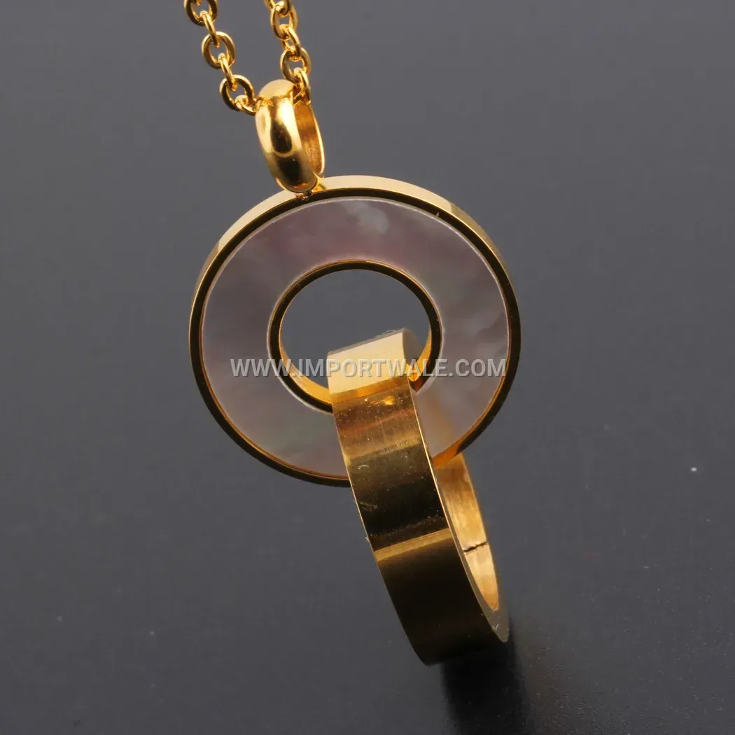 Double Ring Shell Inlaid Stainless Steel Pendant Necklace