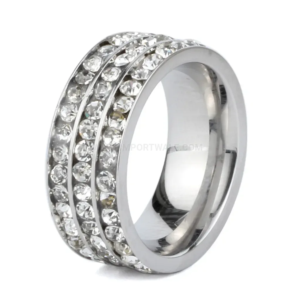 Three-Row Rhinestone Stainless Steel Statement Ring