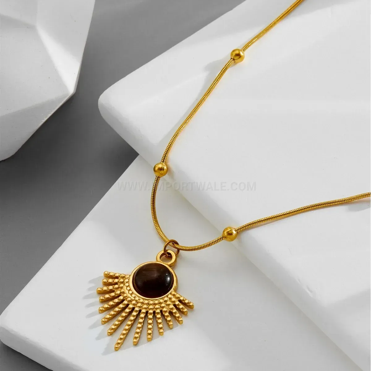 Elegant Tiger Eye Sunflower Pendant Titanium Steel Sweater Necklace