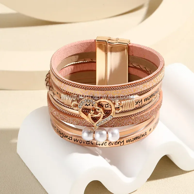 Multi-Layer Faux Leather Open Bangle Bracelet With Heart Detail