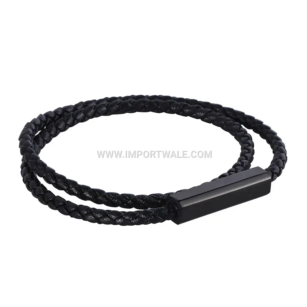 Dual Layer Woven Leather Bracelet with Stainless Steel Magnetic Clasp